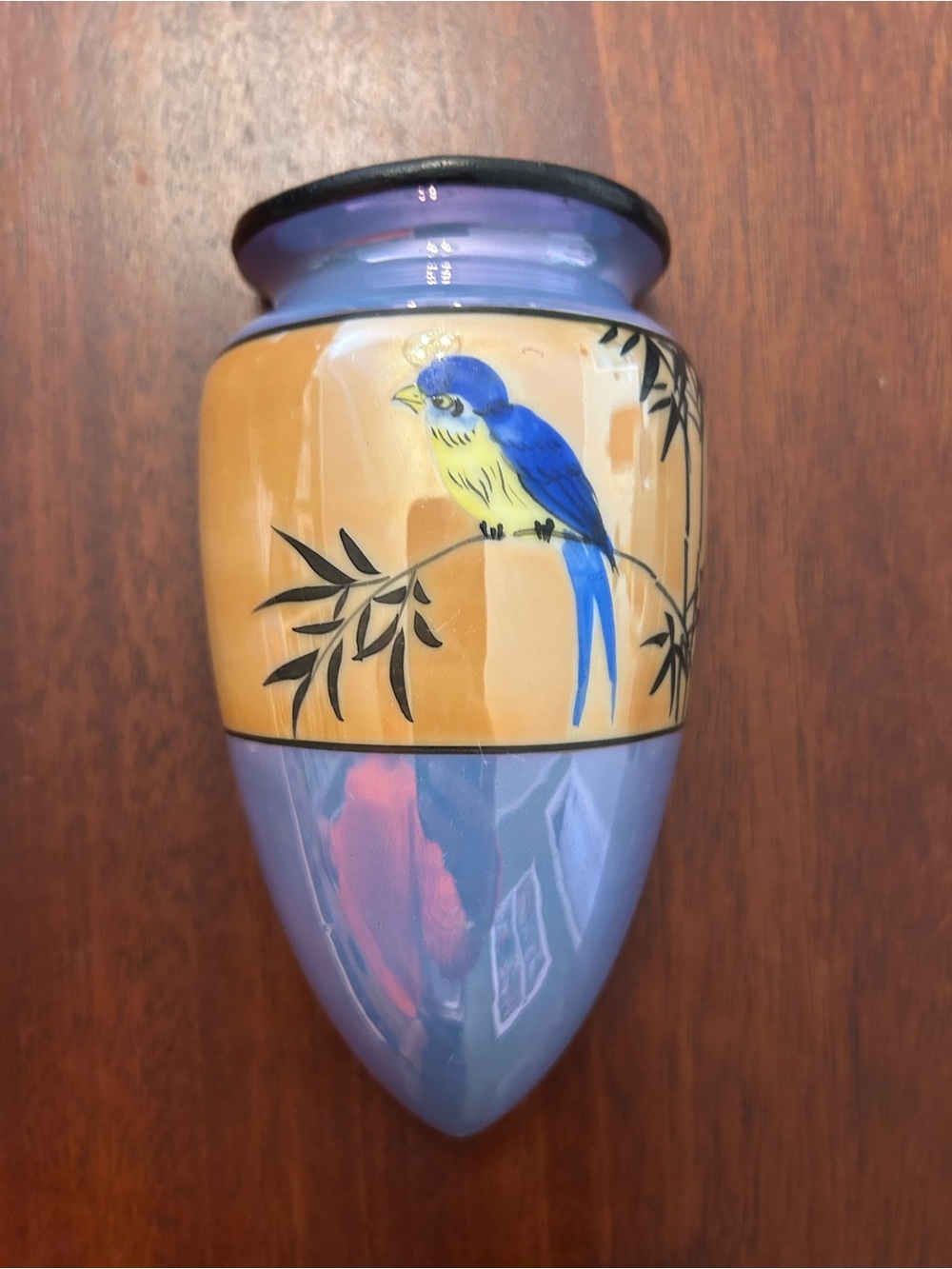 Vintage Japanese Lusterware Wall Pocket Vase Bluebird Art Deco 5.5”